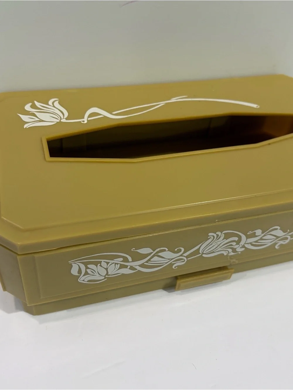 Vintage MCM Yellow Plastic Tissue Box Cover White Flowers With Drawer 70s Retro